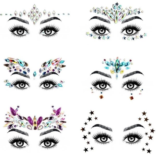 AOMIG Face Gems Glitter, 6 Pcs Rhinestone Face Glitter Stickers, Mermaid Face Jewels Stick On, Crystal Tears Gem Stones Eyes Face Body Temporary Tattoos Stickers for Birthday Party, Rave Makeup
