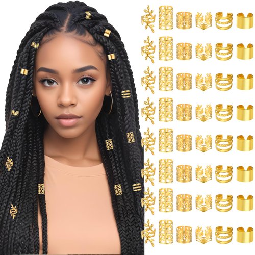 Tyqour 48pcs Hair Jewelry For Braids Accessories Metal Hair Cuffs Adjustable Hair Clips For Braids Hair Rings Hair Jewels Loc Accessories For Black Women Men Dreadlock Accessories