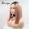 xiweiya Short Rose Gold Straight Cut Bob Lace Front Wigs with Dark Root Middle Part Short Pink Bob Short Soft Wig Heat Resistant Fiber Hair Replacement Wig Women Drag Queen Makeup 14inch