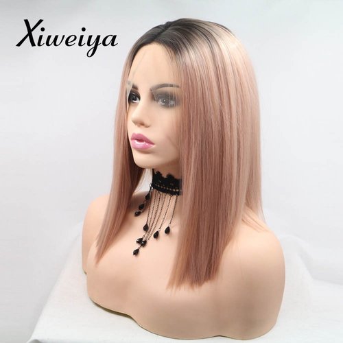 xiweiya Short Rose Gold Straight Cut Bob Lace Front Wigs with Dark Root Middle Part Short Pink Bob Short Soft Wig Heat Resistant Fiber Hair Replacement Wig Women Drag Queen Makeup 14inch