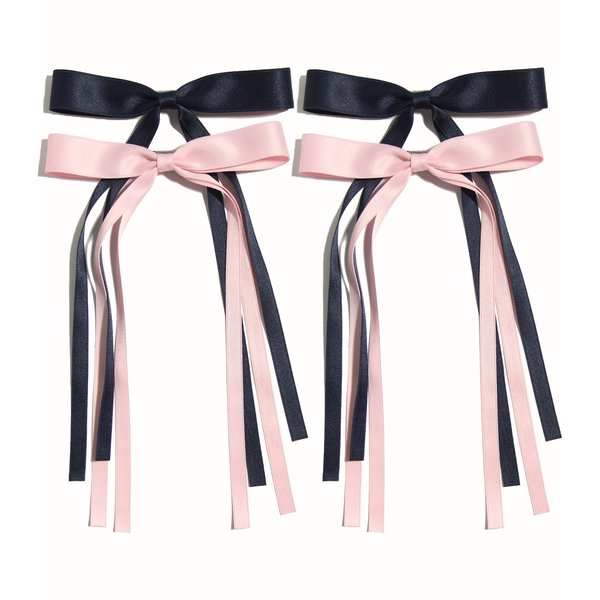 4pcs Hair Clips for Women Tassel Ribbon Bowknot Hair Clips with Long Tail, Women Hair Clip for Girl, Solid Hair Clips Long Hair Accessories Barrettes Claw Hair Clips with Bow (Navy Pink)
