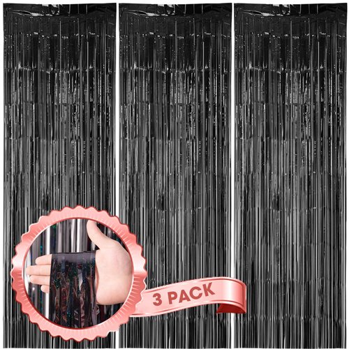 Voircoloria 3 Pack 3.3 x 8.2 ft Laser Black Foil Fringe Backdrop Curtains, Tinsel Streamers Birthday Party Decorations, Fringe Backdrop for Graduation, Baby Shower, Gender Reveal, Disco Party