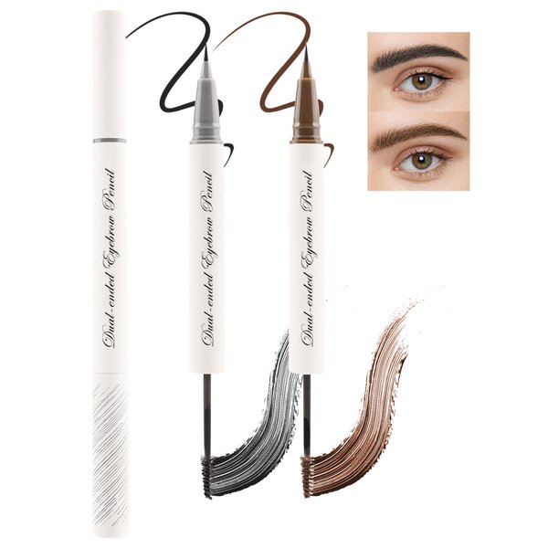 Black Brown Waterproof Eyebrow Pencil and Tinted Brow Gel 2-In-1, Long Lasting Eyebrow Gel Tinted Smudge-Proof,Precision Felt Tip Micro Brow Pen Liquid Eyeliner, Lifting Snatching Eye Makeup for Women