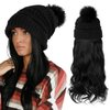 AynnQueen Beanie with Hair Attached for Women Slouchy Cable Hat Wig Knit Beanie Winter Hat with 20inch Removable Hair Extensions Wig (Natural Black-Black Hat)