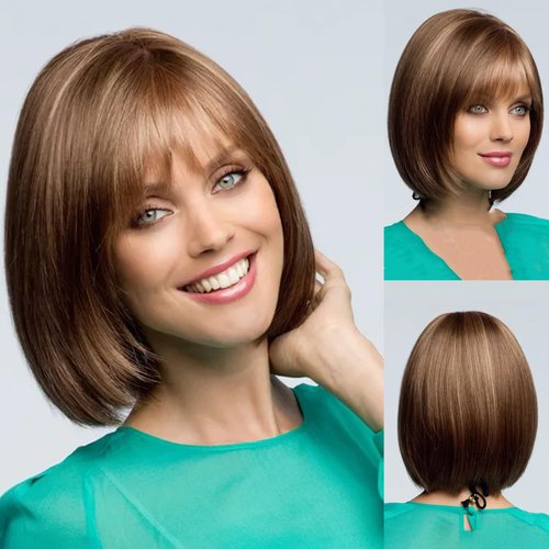 KRSI Short Hair Wigs for Women with Bangs Brown Layered Women Wigs Synthetic Brown Pixie Cut Bob Wigs for White Women Shades of Brown,Blonde and Red Shoulder Length Wig Daily Use