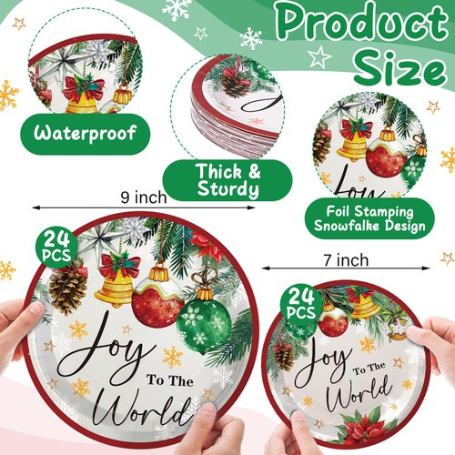 Funnymoom 48 Pcs Christmas Paper Plates Include 9 Inch Xmas Balls Holly Poinsettia Plate 7 Inch Watercolor Pine Disposable Plates Blue Gray Dinner Plate for Holiday Party Supplies(Xmas Ball)