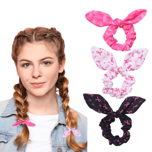 3PCS Breast Cancer Awareness Hair Ties Pink Ribbon Elastic Hair Scrunchies Rabbit Ears Bow Hair B...