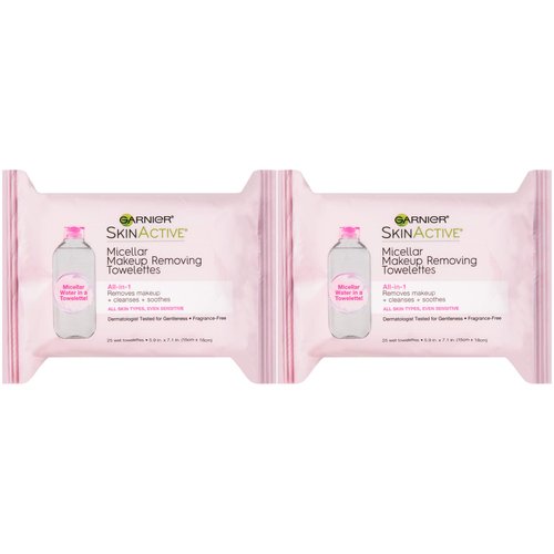 Garnier Micellar Facial Cleanser & Makeup Remover Wipes, Gentle for All Skin Types (25 Wipes), 2 Count (Packaging May Vary)