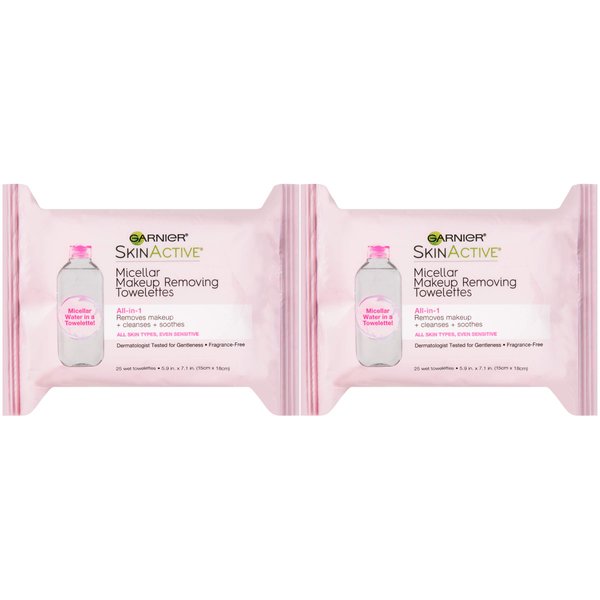 Garnier Micellar Facial Cleanser & Makeup Remover Wipes, Gentle for All Skin Types (25 Wipes), 2 Count (Packaging May Vary)