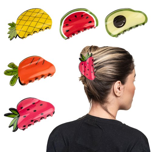 Framendino, 5 Pack Fruit Shape Hair Claw Clips Vegetable Hair Claw Watermelon Strawberry Pineapple Hair Clips for Thick Hair Women