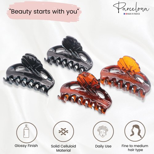 Parcelona French Poppy Tortoise Shell Brown and Black Small 2 ¼" Celluloid Set of 4 Good Grip Hair Claw Clip Clamps for Women and Girls