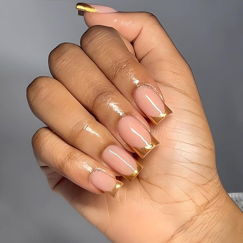 Gold French Tip Press on Nails Medium Fake Nails Square Shape False Nail Tips Full Cover Glue on Nails Medium Length Square Shape French Tip Nails Press ons for Finger Manicure, 24Pcs