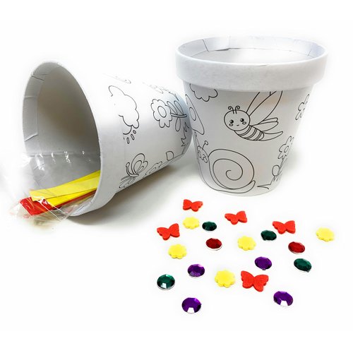 Classroom Bulk 12 Pack of Decorate Your Own DIY Cardstock Craft Flower Pots with Foam and Flowers and Bugs and Acrylic Gems and Jewels
