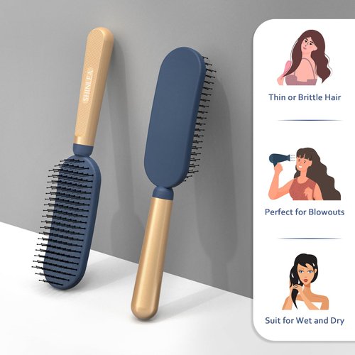 SHINLEA Slim Hair Brush for Fine Thin Thick Hair, Soft Double Nylon Bristles for Deep Detangling & Massage, Metal-Infused Luxury Gold Handle, Gift for Women Men Kids