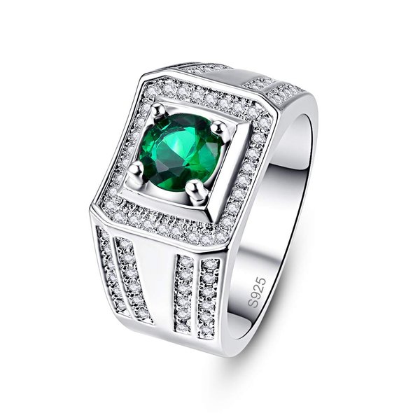 Empsoul 925 Sterling Silver Emerald Ring Simulated Round Cut Emerald Quartz Ring Eternity for Women Wedding Engagement Ring Size 7