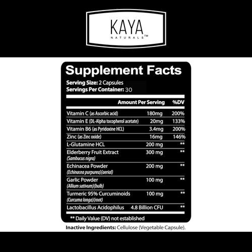 Kaya Naturals Elderberry Immune Support | Elderberry with Zinc and Vitamin C for Adults Elderberry Vitamins, Probiotics & Turmeric 1000mg Immune System Booster Sambucus Elderberry Capsules - 60 Count