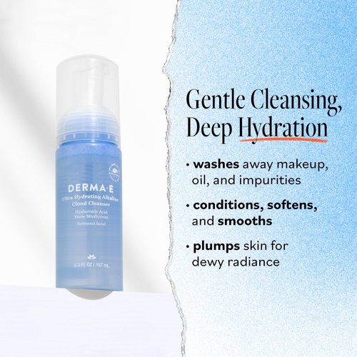 Derma E Ultra Hydrating Alkaline Cloud Cleanser – Gentle Foaming Face Wash with Hyaluronic Acid – Vegan Daily Facial Cleansing, 5.3 Oz
