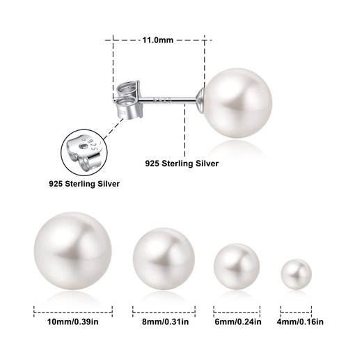 18K White Gold Plated Sterling Silver Post Faux Pearl Stud Earrings for Women Girls, White Pearl Wedding Earrings Hypoallergenic Jewelry (6mm)