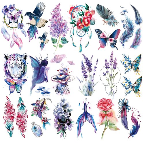 Casciybo Watercolor Temporary Tattoos for Women Girls, 18 Sheets 3D Colorful Flowers Hummingbird Butterflies Feather Realistic Waterproof Fake Tattoo Stickers for Women Adult Body Art