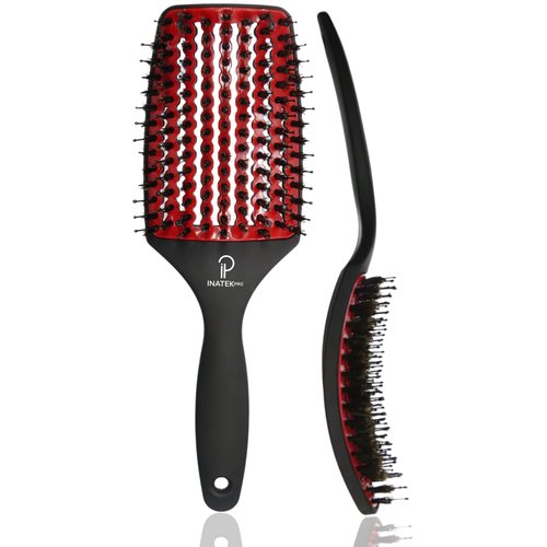 Inatekpro Curved & Vented Detangler Boar Bristle Brush - Ideal for Curly, Wet, Dry Hair - Suitable for All Hair Types & Ages, Including Kids, Women & Men