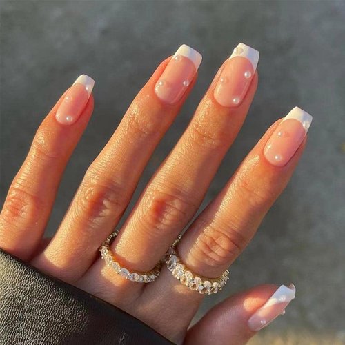 Foccna Square Press on Nails Medium, Pearl White Fake Nails Acrylic French False Nails, Artificial Glossy Nude Nails for Women and Girls- 24 pcs