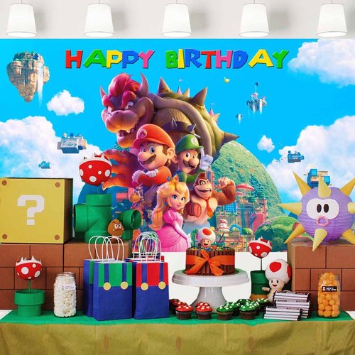 Super Mario Movie Backdrop for Birthday Party Video Game Blue Sky Background Kids Mario Bros Party Supplies Cake Table Banner 5x3 ft 429