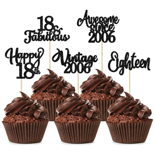 30Pcs Happy 18th Birthday Cupcake Toppers Glitter Eighteen Vintage 2006 Cupcake Picks Cheers to 18 Fabulous Cake Decorations for 18th Birthday Wedding Anniversary Party Supplies Black