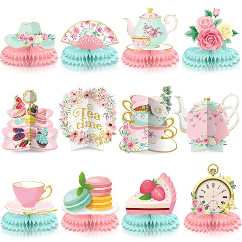 Chrisfall 12 Pcs Floral Tea Time Themed Party Decorations Spring Vintage Teapot Honeycomb Centerpieces Talking Toppers Supplies for Flower Theme Party Baby Shower Princess Birthday Wedding Supplies