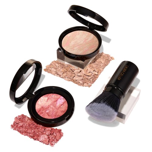 LAURA GELLER NEW YORK Blush-n-Balance 3pc Kit Baked Balance-N-Brighten Color Correcting Foundation, Porcelain + Retractable Kabuki Brush + Baked Blush-N-Brighten, Tropic Hues
