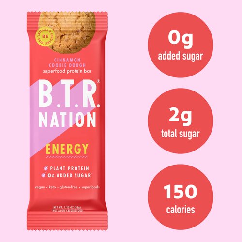 B.T.R. Bar Superfood Keto Protein Bars, Plant Based Vegan Protein, Low Carb Food, Low Calorie, Gluten Free, No Sugar Alcohols, Boosted with Superfoods & Adaptogens (12 Pack) (Cinnamon Cookie Dough ENERGY)