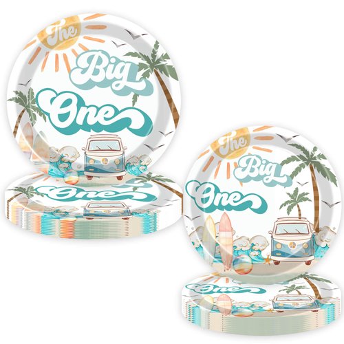 80 Pcs Summer Beach The Big One Tableware Boy Surfing 1st Birthday Paper Dinner Plates Napkins Forks Dinnerware for Surf Board Sun Retro Van Wave Theme Surf 1st Bday Baby Shower Party Supplies
