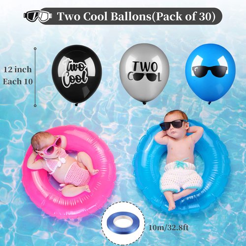 30 Pieces Two Cool Party Supplies Two Cool Latex Balloons Two Cool Sunglasses Balloons Black Silver Blue Balloons with 10 Meters Dark Blue Color Ribbon for 2nd Birthday Boy Party Supplies Decoration