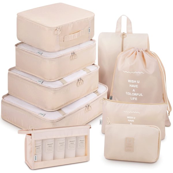 Packing Cubes for Carry On, Mossio 9 Piece Set Travel Cubes for Flying Camping Hiking Beige