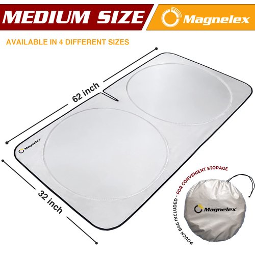 Magnelex Car Windshield Sun Shade with Storage Pouch. Reflective 240T Material Sun Visor with Mirror Cut-Out for Truck, Van or SUV. Foldable Sun Shield for Heat and UV Protection (Medium)