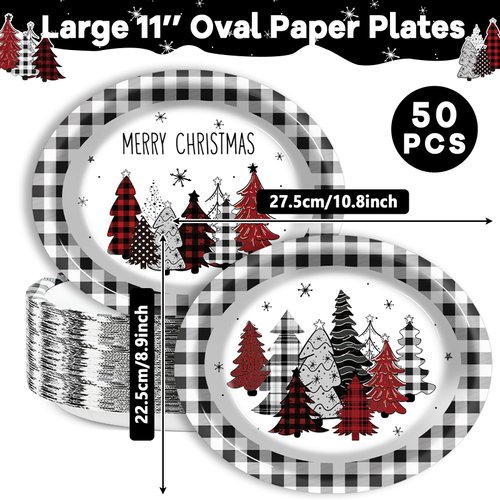 50 PCS Buffalo Plaid Christmas Tree Party Oval Paper Plates Xmas Tree Buffalo Plaid Disposable Platters 11 Inch Merry Christmas Plates Dinnerware Serving Tray for Holiday Dinner Party Supplies