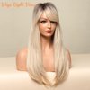 Honygebia Long Blonde Wig with Bangs - Ombre Dark Root Blonde Wigs for White Women, Striaght Wavy Synthetic Heat Resistant Hair, Natural Cute Wigs for Thanksgiving/Christmas/Cosplay/Party