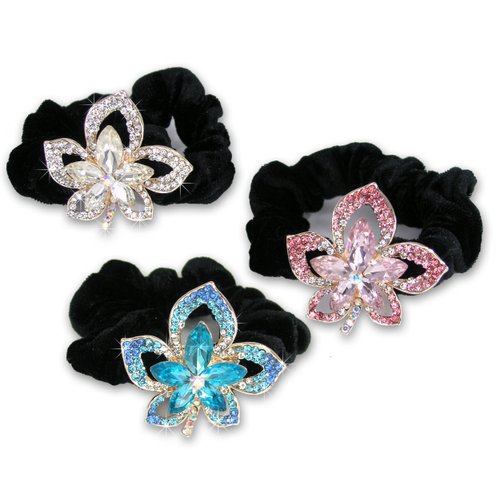 Jeweled Flower Black Elastic Hair Tie Scrunchies - Set of 3-1 has Clear, 1 has Pink &amp; 1 has Blue ...