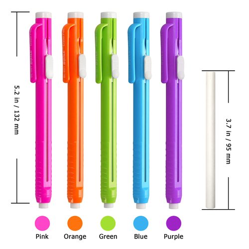 Retractable Mechanical Eraser Pen, Pen-Style Erasers Assorted Color, 5 Pack