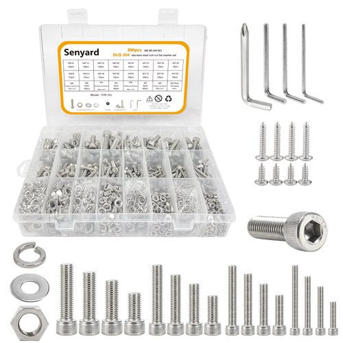 890pcs M6 M5 M4 M3 Metric Screw Assortment,Metric Bolts and Nuts Kit（with Lock&Flat washers・Wrenches）Socket Head Cap Screws 304 Stainless Steel Hex Head Metric Screws Assortment Set with Case