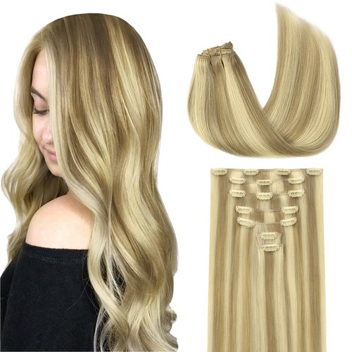 GOO GOO Clip in Hair Extensions Real Human Hair, 16inch 120g 7Pcs, 16/22 Light Blonde Highlighted Golden Blonde, Remy Human Hair Extensions Clip ins for Women, Natural Human Hair