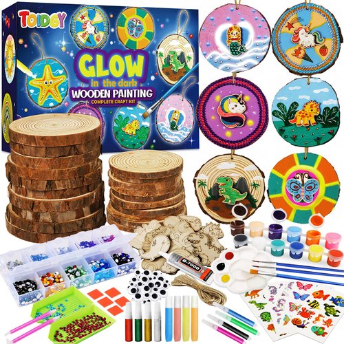 Wooden Painting Kit-Glow in The Dark, Arts and Crafts for Kids Ages 8-12, Craft Gifts for Girls Boys with Wood Slices, Craft Kits for Kids Ages 4-8, Craft Supplies Art Projects for Kids 6-8