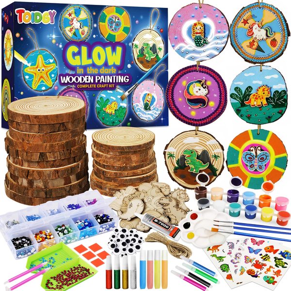Wooden Painting Kit-Glow in The Dark, Arts and Crafts for Kids Ages 8-12, Craft Gifts for Girls Boys with Wood Slices, Craft Kits for Kids Ages 4-8, Craft Supplies Art Projects for Kids 6-8