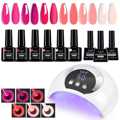 Gel Polish Kit with UV Light 54W Led Nail Lamp Glitter Red Pink Soak Off Gel Nail Polish Starter Kit Glossy Matte Top and Base Coat Manicure Kit Nail Art Decorations (Red)