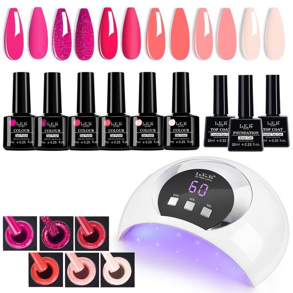 Gel Polish Kit with UV Light 54W Led Nail Lamp Glitter Red Pink Soak Off Gel Nail Polish Starter Kit Glossy Matte Top and Base Coat Manicure Kit Nail Art Decorations (Red)
