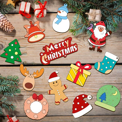 Springflower 36pcs Wooden Christmas Ornaments for Hanging Decorations,12 Styles Unfinished Wood Slices with Holes for Kids,DIY Craft Gift Toys with Paint Set for Girls and Boys Ages 5 6 7 8 9 10 11 12