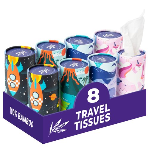 Bim Bam Boo 100% Bamboo Facial Tissue Tubes, 2-ply Hypoallergenic Travel Tissues in Car Tissue Holder, 8 Eco-Friendly Cylinder Tissue Tubes
