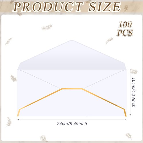 Ireer 100 Pcs Business Envelopes V Flap with Gold Border Gift Card Envelopes for Office Check Mailing Wedding Graduation, Letter Mailing(#10, 9.45 x 4.13 Inch,White)