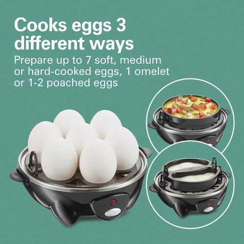 Hamilton Beach 3-in-1 Electric Egg Cooker for Hard Boiled Eggs, Poacher, Omelet Maker & Vegetable Steamer, Holds 7, Black (25507)