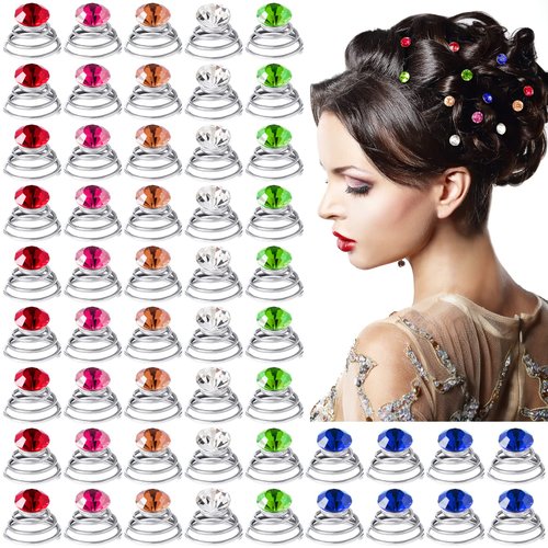 54pcs Rhinestones Hair Spirals Clips, PAGOW Crystal Bun Spiral Twist HairPins, Coil Bobby Pins Hair Accessories For Wedding, Bridal, Prom, Party (Size: 0.57 x 0.43 Inch, 6 Colors)