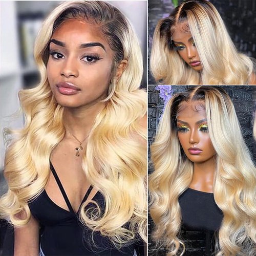 Smavida Glueless Ombre Blonde Lace Front Wigs Human Hair for Black Women,13x4 1B613 Body Wave Lace Front Wigs 150% Density HD Transparent Pre Plucked Ombre Blonde with Dark Roots Frontal Lace Wig